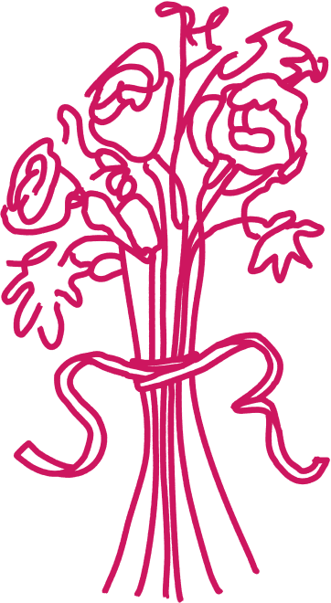 Illustration of a bouquet with a ribbon. The ribbons tail out into an 'S' and an 'R'.